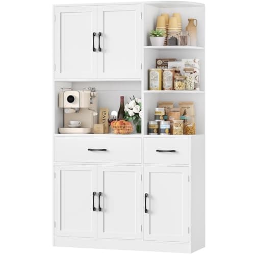 Image of HOCSOK Kitchen Cupboard, 177cm Tall Kitchen Cabinets with Countertop, Pantry Cupboard with 3-tier Open Shelves, 5 Doors, 2 Drawers, Freestanding Pantry for Dining Room Living Room, White