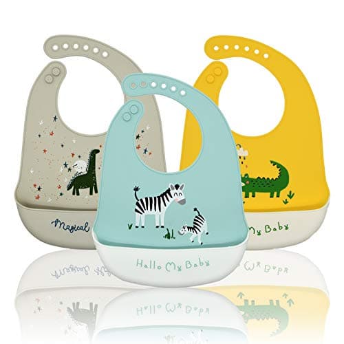 Image of Baogaier Baby Bibs Silicone Waterproof Feeding Silicone Bib for Babies Easy Clean Soft Pocket Food Crumb Catcher for Weaning Toddler Kids Boys Animal Roll Up Bibs 6 Months Up Blue Grey Yellow - 3 PCS