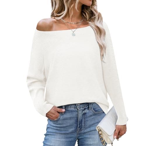 Image of Elesomo Women’s Off Shoulder Batwing Jumper Ribbed Knit Oversized Long Sleeve Sweater, White S-M