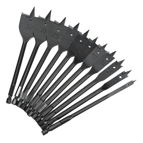 Image of 11PCS 6-32mm Wood Spade Drill Bits Set, 1/4in Hex Shank Flat Drill Bit Professional Spade Hole Drill Bit for Wooden Plywood Chipboards Soft Hard Woods