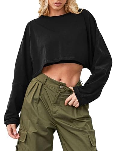 Image of Ziesexy Cropped Sweatshirt Long Sleeve Crop Top Workout Oversized Sweatshirt Loose Crop Tops for Women Crewneck Sweatshirt, Black, M