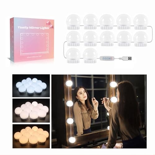 Image of Akynite Vanity Mirror Lights 12 Bulbs Hollywood Style with USB Cable, 3 Colour Changing & 10 Brightness, LED Vanity Lights Stick On for Dressing Table & Make Up (No Mirror & USB Adapter)