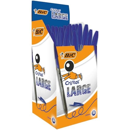 Image of BIC Cristal Large, Wide Point Ball Ballpoint Pens, Smooth Ink Flow, Lightly Smoked Barrel, in Blue, Pack of 50