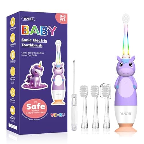 Image of Baby Electric Toothbrushes 0-3-6 Years Toddler Kids Tooth Brush with Timer Colorful Rainbow LED Light 4 Soft Heads Battery-Powered for Girls Boys Childrens YUNCHI K3 (Purple Unicorn)