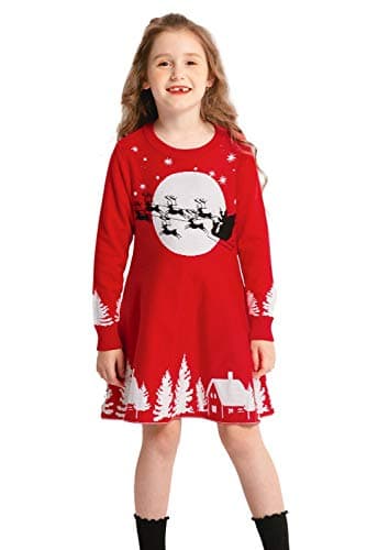 Image of ZHUANNIAN Girls Xmas Dress Knitted Reindeer Santa Warm Sweater Dresses Jumper (4-5years, Red 2)