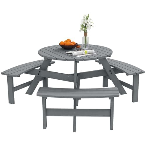Image of Outsunny Wooden Garden Dining Set, 6 Seater Round Dining Picnic Table with Matching Bench, Garden Furniture Set with Parasol Hole for Outdoor Patio Party and Family Gatherings, Grey