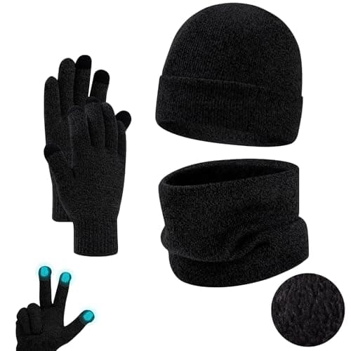 Image of Fjquamitix Women Mens Hat Scarf And Gloves Set Winter Thermal Warm Knitted Stretchy Beanie Hat Neck And Touchscreen Gloves Gift Set For Men Women (Black)