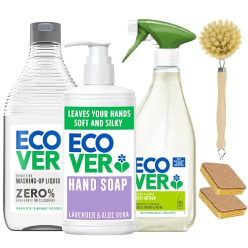 Image of Ecover Household Cleaning Bundle – Washing Up Liquid 450ml, Hand Soap 250ml, Multi-Action Surface Cleaner 500ml, 2 Plant-Based Sponges & Wooden Dish Brush
