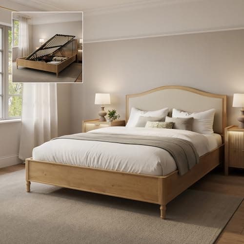 Image of X-Rocker XR Living Emy French Style Wooden Shadow Ottoman Double Bed, Bed Frame with Shaped Headboard and Storage, 4ft6 Bedstead - Natural - Oak
