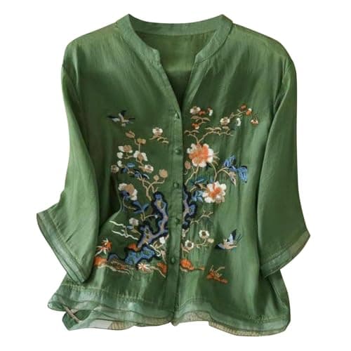 Image of Peplum Tops for Women Linen Shirt Women Summer Embroidery Linen Tunic Tops Retro Jacquard Short Sleeve Boho Blouse Casual Loose Fit Flowy Hem Tee My+Orders B Green