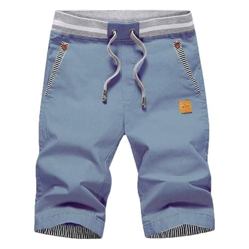 Image of ZOXOZ Mens Shorts Summer Casual Shorts Cotton with Pockets Elastic Waist Drawstring Denim Blue S