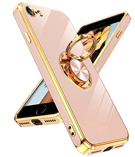 Image of LeYi for iPhone SE 2022/2020/7/8 Case, Heavy Duty Protection Cover with Built-in Ring Holder, Shiny Plating Gold Edge, Silicone Lightweight Luxury Phone Case, Pink