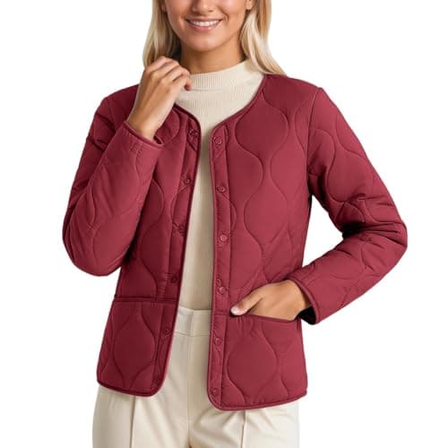 Image of Eauptffy Quilted Jacket Women's Stand-Up Collar Transition Jacket Button Down Jacket Warm Winter Jacket Long Sleeve Loose Outdoor Jacket Plain Quilted Coat with Pocket Padded Winter Coat, Z3 Red, XXXL