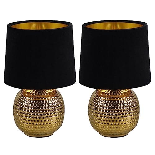 Image of Britalia 2 Pack - Gold Ceramic Vintage Hammered Globe Table Desk Lamp with Black Velvet Shade | 26cm Height | 1 x SES E14 Lamp Bulb Required | UK Approved | Retro Design | Tapered Drum Lampshade