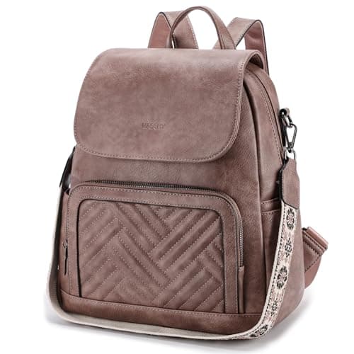 Image of VASCHY Backpack for Women, Chevron Quilted Vegen Leather Flap Backpack Convertible Rucksack Handbag for Ladies with Guitar Strap Pink