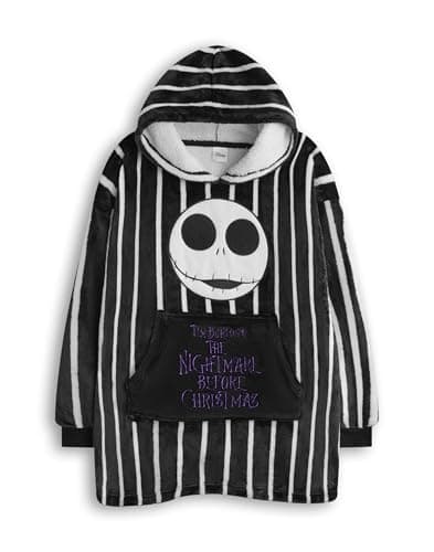 Image of Disney The Nightmare Before Christmas Kids Wearable Blanket Hoodie | Childrens NMBC Striped Hooded Pullover in Black with Jack Skellington Character Face | Christmas Movie Loungewear Merchandise Gift