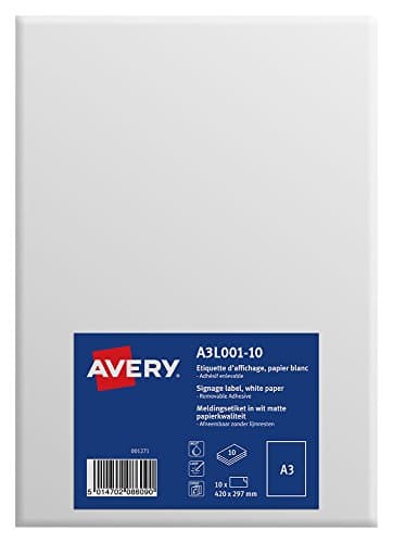 Image of Avery A3 Durable Printable Signs/A3 Signage, Matt White, 297 x 420 mm, Pack of 10