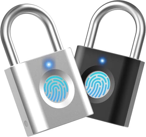 Image of Smart Padlock Gym Lock: 2-Pack Silver & Black Mini Fingerprint Padlock eLinkSmart Locker Lock with 20 Fingerprints Colourful Metal Keyless fits Luggage School Bag Toolbox Gym Locker