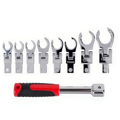 Image of Flex Head Flare Nut Spanner Set, 9pc 9-19mm Metric Brake Line Spanner Offset Box Wrench Set, 12-Point 180 Degree Rotating Flare Nut Wrench Set Open Ring Spanner for Nuts on Brake, Fuel and Tubing