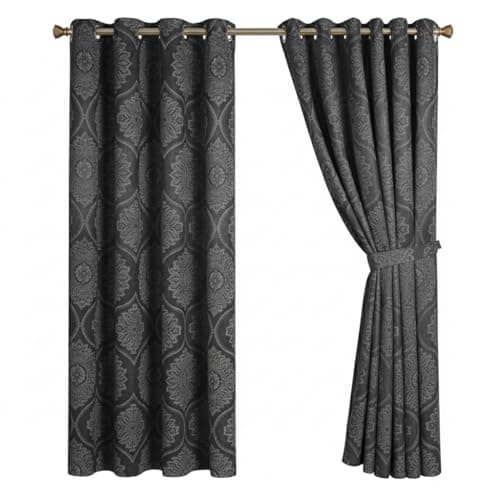 Image of Opulent Dreams Damask Print Room Darkening Curtains - Thermal Insulated Eyelet Top with Tiebacks - Energy Saving Bedroom Drapes, Set of 2 Panels (Grey, 46" x 54" (116 x 137 cm))