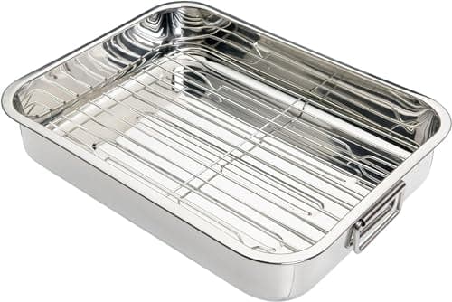 Image of KitchenCraft Roasting Tin with Rack, Stainless Steel Roasting Tin, Medium, 37 x 28 cm, Silver