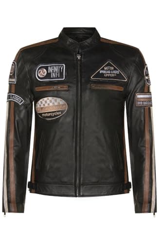 Image of Mens Black Leather Biker Badges Racing Moto Jacket 4XL