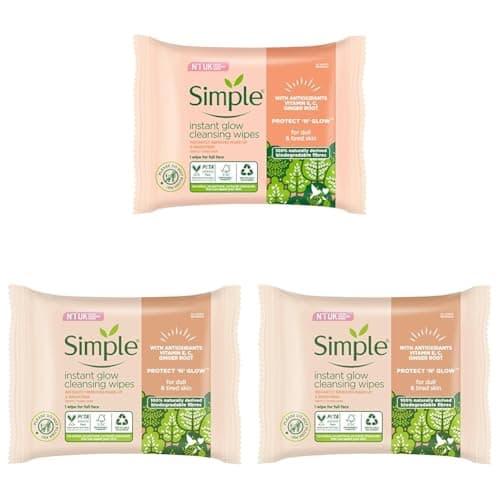 Image of Simple Protect ‘N’ Glow Instant Glow Biodegradable Wipes dermatologically tested for sensitive skin 20 wipes (Pack of 3)