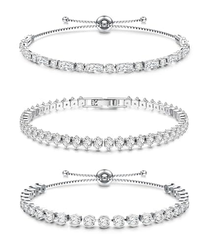 Image of Dochais 3 Pieces Silver Tennis Bracelets for Womens Silver Bracelet Crystal Cubic Zirconia Bracelet Sparkle Diamond Bracelets Friendship for Gifts Jewellery Christmas Birthday B