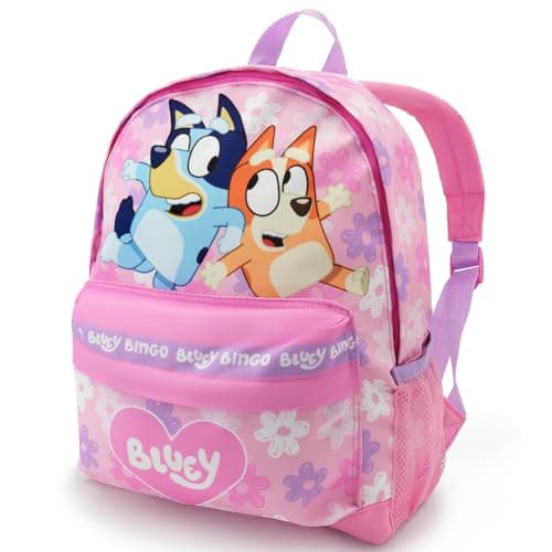 Image of Bluey Girls Backpack – Lilac Toddler Backpack Bingo, Heart Print, Kangaroo Pocket & Padded Straps – Kids School Bag Ages 2-7 Years – Official Merchandise (Pink)