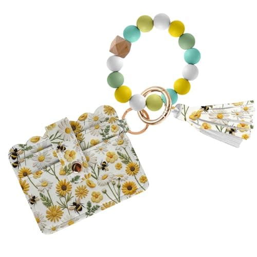 Image of Bee Wallet Keychain Wristlet, Horizontal Silicone Bead Bracelet Wallet with Wrist Strap and Card Case ID Window, PU Leather Blocking Card for Women, Girls and Friends