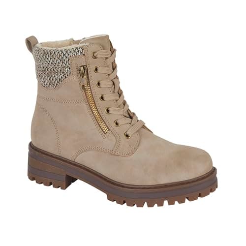 Image of Jo & Joe Women's Faux Leather Fleece Lined Ankle Boots with Chunky Outsole Lace-up Inside Zip Fastening (Beige, UK Footwear Size System, Adult, Women, Numeric, Medium, 6)