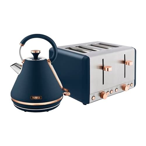 Image of Tower Cavaletto Kitchen Set, 1.7L Rapid Boil Kettle & 4 Slice Toaster, Midnight Blue and Rose Gold, T10044MNB, T20051MNB