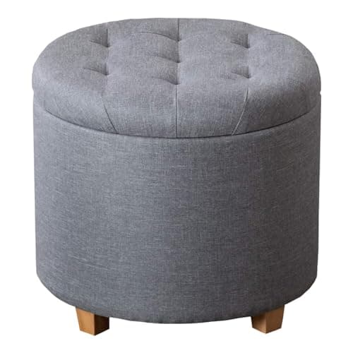 Image of A406 Linen Fabric Round Ottoman Storage Box with Lid, Tufted Seat, Padded Stool Footstool with Storage Bench In Grey Black, Navy Colour (Grey)