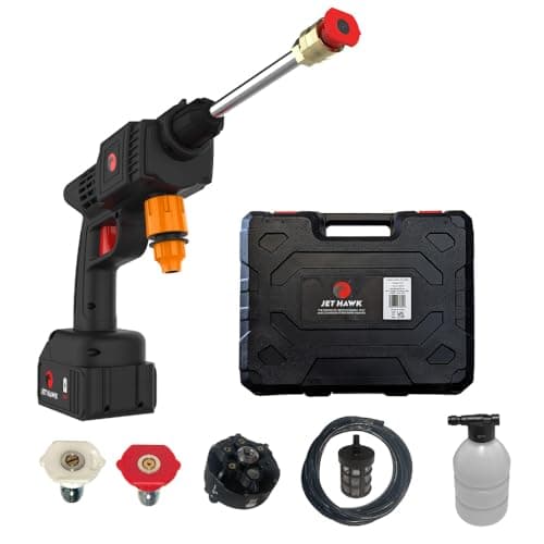 Image of Jet Hawk – Portable Cordless High-Pressure Washer As Seen on High Street TV - Use Any Water Source – 6 in 1 - Inc Spray Nozzles, 5m Hose, Hose Connector, Free Soap Dispenser Bottle & Hard Carry Case