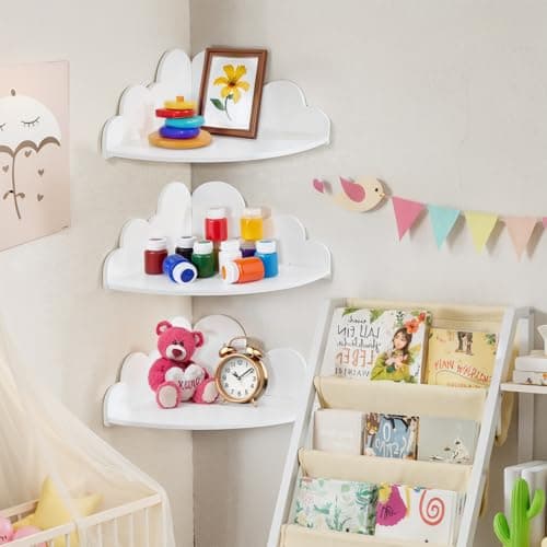 Image of INYPTROPIC White Floating Cloud Shelves- Small Corner Shelves for Cloud Nursery Wall Decor, Set of 3 Hanging Display Wall Shelves for Kid's Bedroom Li