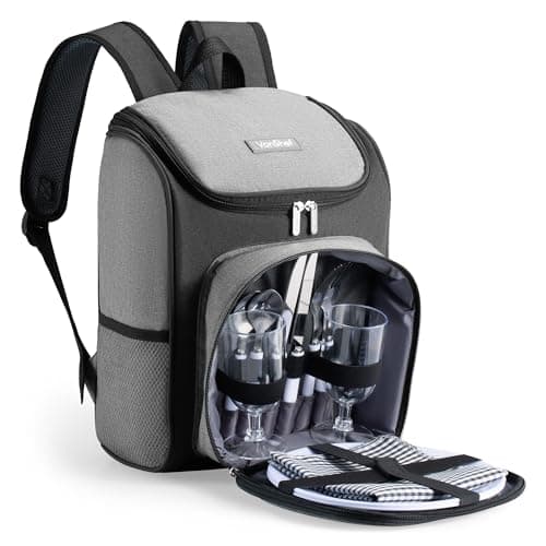 Image of VonShef Picnic Backpack, 2 Person Grey Picnic Hamper with Dining & Cutlery Set & Cooler Compartment, Lightweight Water Resistant Cool Bag, Insulated Camping Accessories