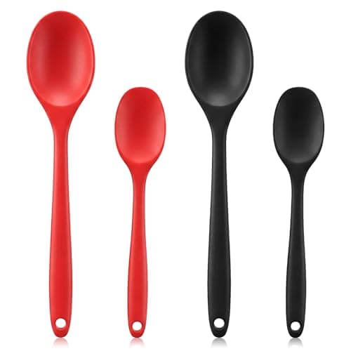 Image of 4 Pack Long Handle Silicone Mixing Spoons, 2 Sizes Silicone Cooking Spoons Heat Resistant Rubber Stirring Spoon Basting Utensil Kitchen Spoon for Cooking Baking Mixing Serving, 11" & 8" (Red, Black)
