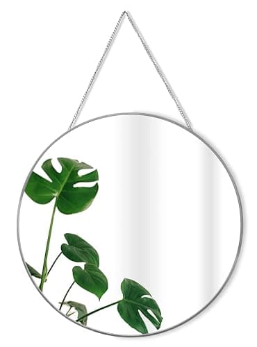 Image of GreyZouq Silver Metal Rimmed Round Mirror with Chain - Perfect for Bathroom, Bedroom, Hallway and Living Room (40 centimeters) Vintage Contemporary Style