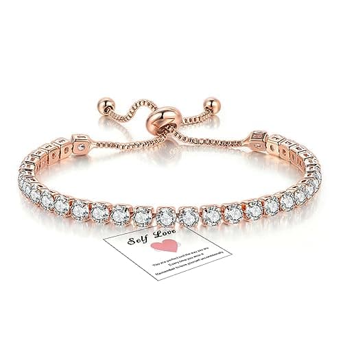 Image of HEEYA Rose Gold Tennis Bracelets, Sterling Silver Tennis Bracelets for Women, Silver Infinity Crystal Sister Friendship Bracelet, Adjustable Diamond Cubic Zircona Lady Bracelet Birthday Gifts