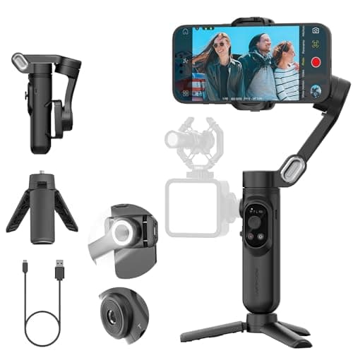 Image of AOCHUAN 3-Axis Gimbal Stabilizer for iPhone 15/14/13 Pro Max Android,Foldable Smartphone Gimbal w/Built-in Fill Light,1/4 Thread,Professional Anti-Shake Vlogging Kit for TikTok YouTube(Smart X Black)