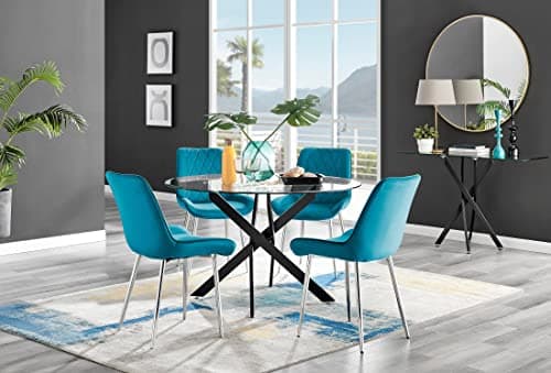 Image of Furniturebox UK Dining Table - Novara 120cm Round Matte Black and Clear Tempered Glass Industrial Home 4/6 Seater Kitchen Dining Table & 4 Blue Velvet Silver Chrome Leg Pesaro Dining Chairs