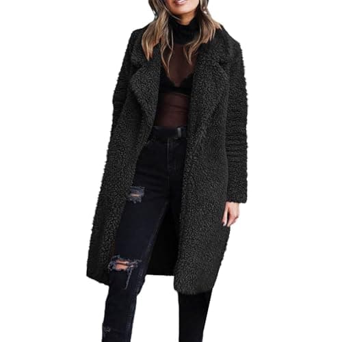 Image of Splrit-MAN Womens Coats Teddy Fleece Warm Lapel Ladies Coats Fuzzy Casual Thermal Lightweight Longline Women’s Clothing Button Notched Collar Winter Autumn Long Sleeve Solid Outwear(Black, M)