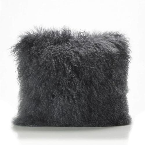 Image of Tibetan Sheepskin Cushion 45x45cm – Natural White, Single-Sided Mongolian Long Curly Wool Pillow, Luxuriously Soft & Hypo-Allergenic, Decorative Throw Pillow for Sofa, Bed & Home - Grey