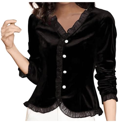 Image of Elegant Velvet Shirts Ladies Italian Ruffle Shirt Long Sleeve Button Up Dress Blouse Elegant Party Tunic Tops Slim Fit V Neck Business Casual Undershirts Mesh Patchwork Shirt Plus Size 20 Black