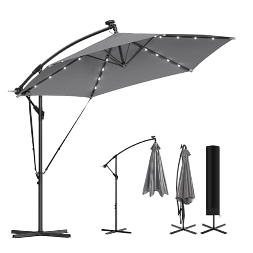Image of WOLTU 3m Garden Parasol with LED Lights, Solar-powered, 360° Rotation Banana Parasol, Cantilever Design Wind Resistant Round Patio Umbrella with Cross Base, Umbrella Cover, Crank Handle, Dark Grey