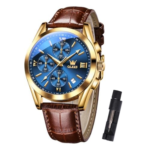Image of OLEVS Men's Waterproof Chronograph Watch Brown Leather Strap Blue Dial Quartz Multi-Function Wristwatch Dial with Date Watches for Men