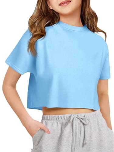 Image of Haloumoning Girls T-Shirts Crop Top Kids Oversized Short Sleeve Crew Neck Plain Shirts Summer Sports Tees, Blue, 10-12 Years