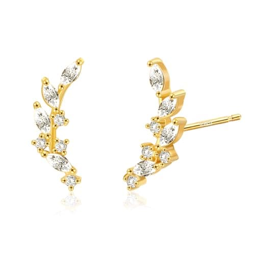 Image of Weviway Sterling Silver Stud Earrings Leaf Earrings Gold Played Climber Earrings for Women Small Earrings with Cubic Zirconia Hypoallergenic Earrings Sterling Silver Jewellery Gifts for Women
