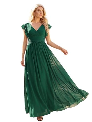 Image of Ever-Pretty Women Dresses Bridesmaid Wedding Guest Dress Elegant Chiffon A-Line Ruffles Sleeve Dark Green 16UK