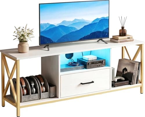 Image of Blisswood 140cm Large TV Unit, Modern LED TV Stand with RGB Lights for 55–65 Inch TVs, White Media Console Entertainment Centre with Drawer & Open Shelf Storage, Metal Cabinet for Living Room Bedroom